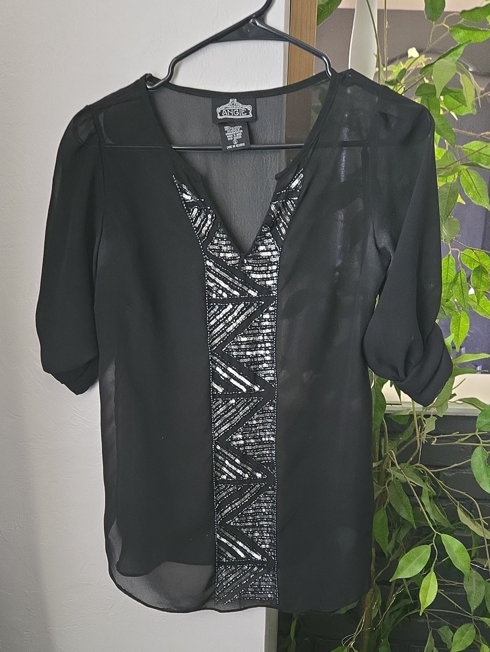 ANGIE Black Sheer V-Neck Blouse with Sequin Trim